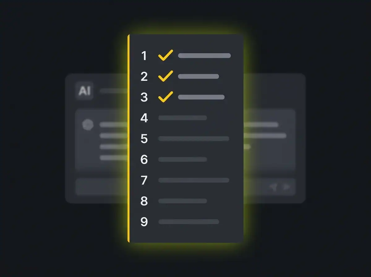 Numbered checklist with progress ticks and a subtle AI chat interface