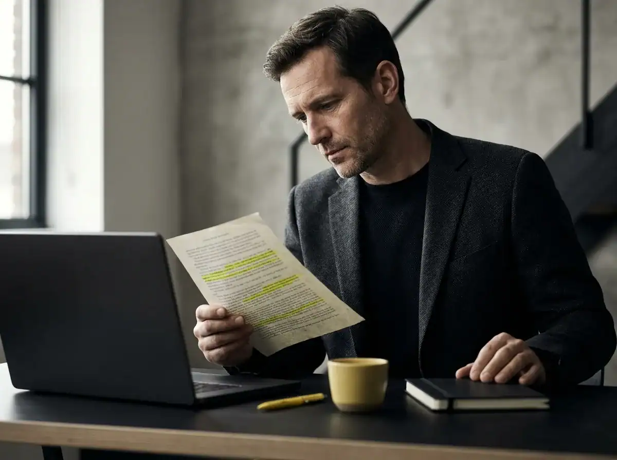 UK business professional reviewing printed notes at a desk