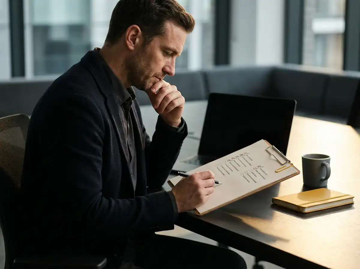 Marketing manager reviewing a two column planning checklist at a desk