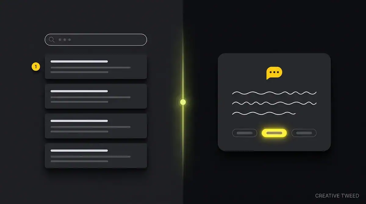 Split screen comparing a search results page and an AI chat answer panel