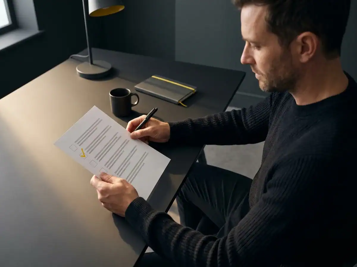 Business owner reviewing a printed checklist at their desk with one item ticked