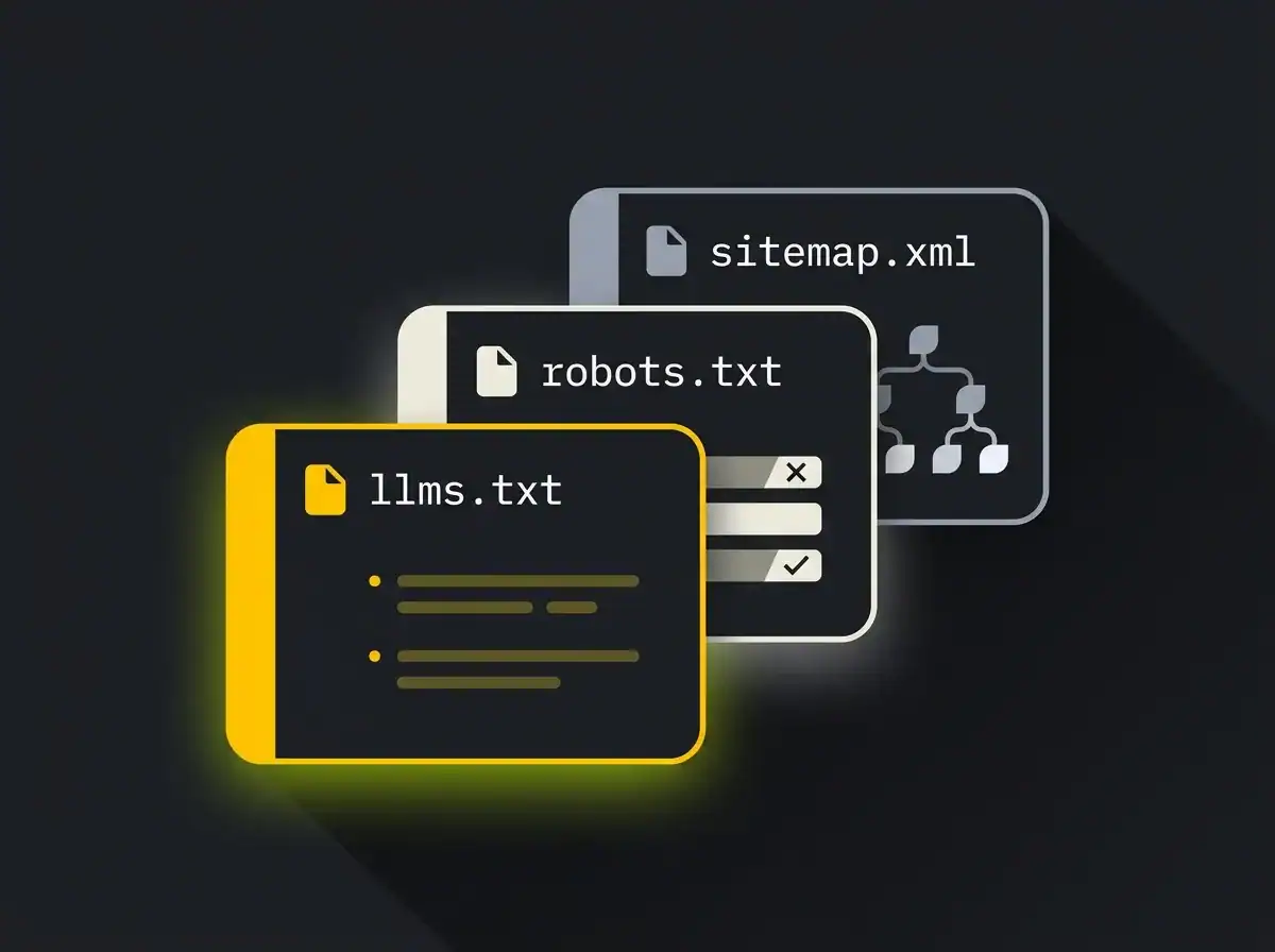 Three stacked file cards showing llms.txt robots.txt and sitemap.xml with different colour accents