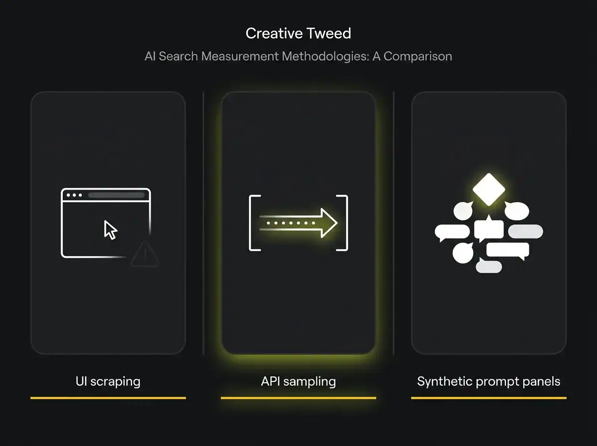 Diagram contrasting three AI search measurement methodologies: UI scraping, API sampling, and synthetic prompt panels