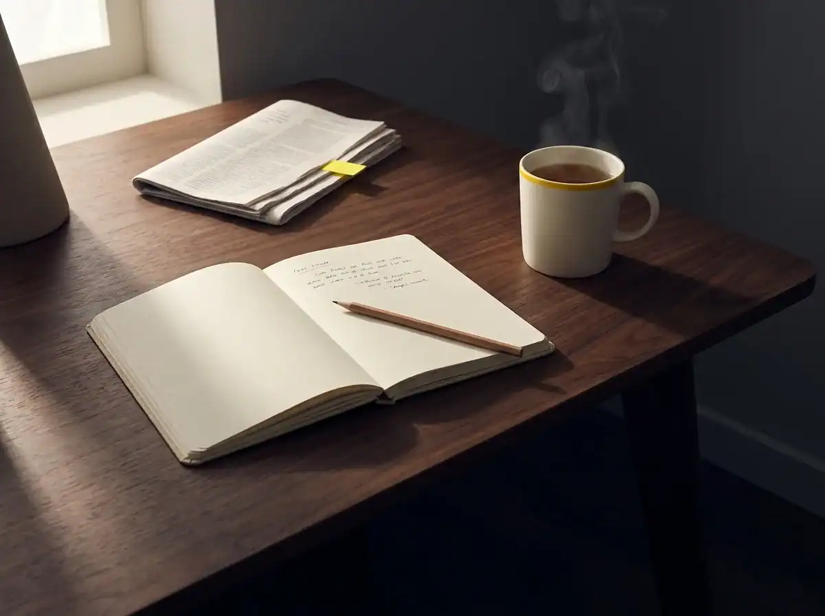 Tidy desk with open notebook and cup of tea in soft window light