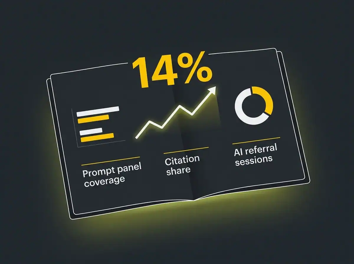 Two-page AI visibility report layout showing three key metrics in CT visual style