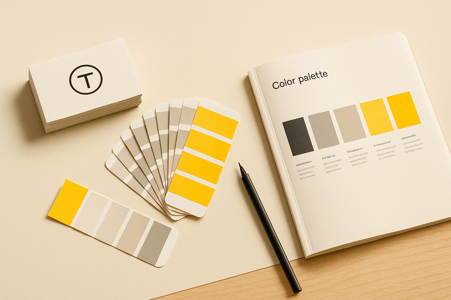 Brand identity materials including colour swatches, business cards and brand guidelines on a clean desk
