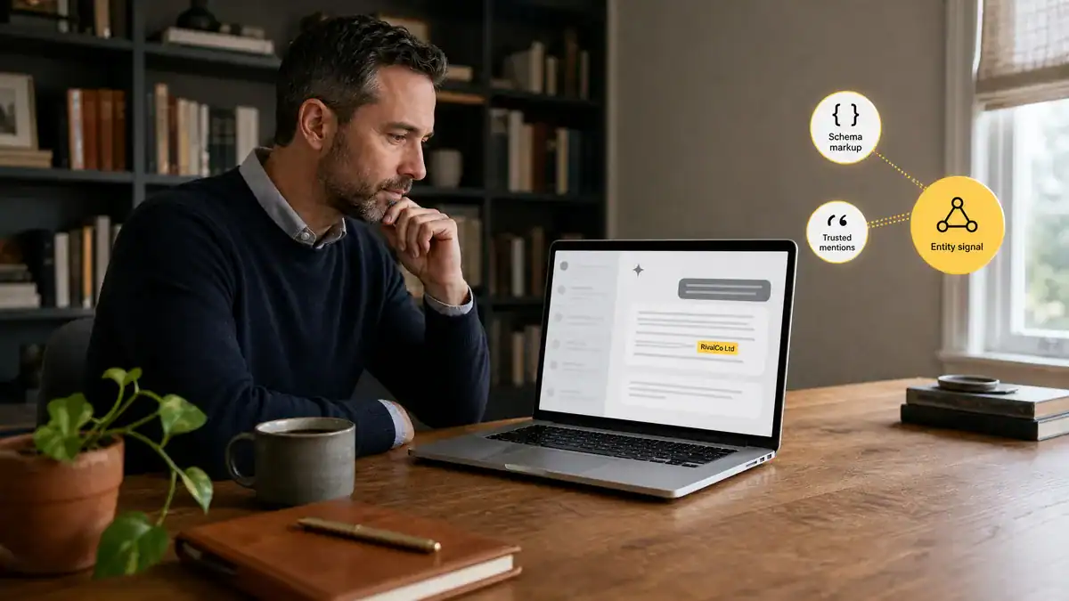 Business owner reviewing a ChatGPT response on a laptop at their desk