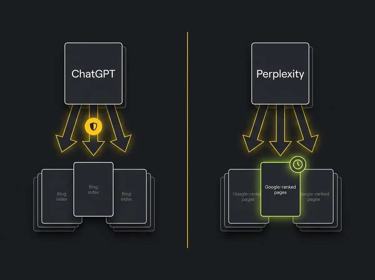 Split diagram comparing how ChatGPT and Perplexity select their citation sources