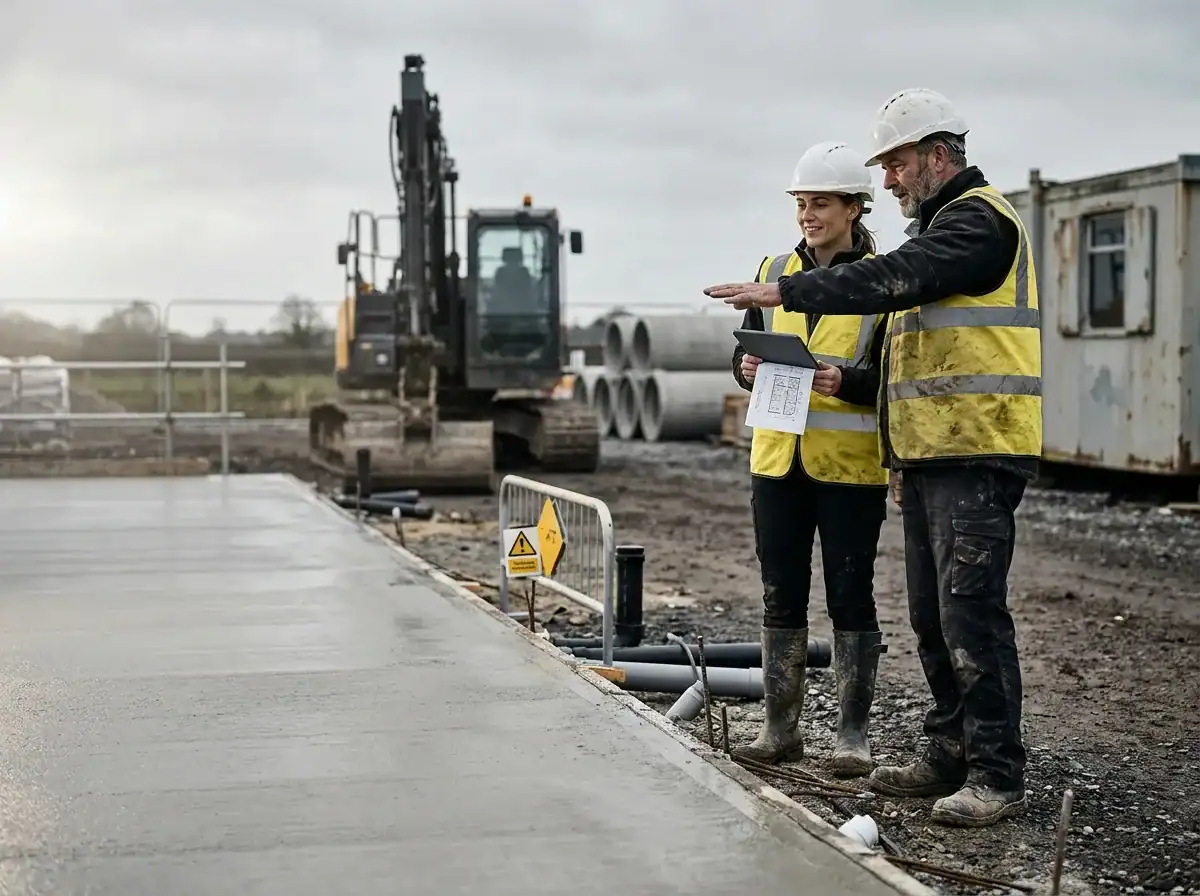 Two workers reviewing a completed groundworks project on a UK construction site