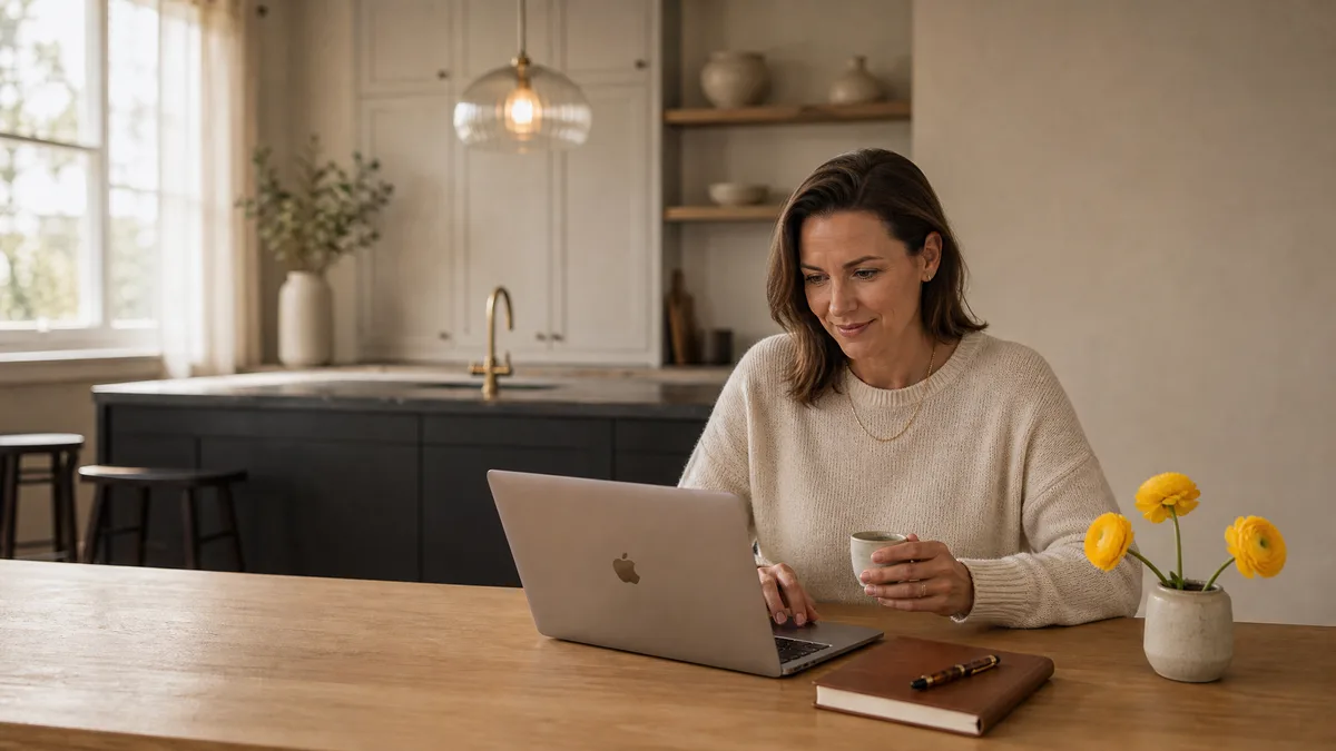 Kitchen showroom owner reviewing project photos on a laptop with a finished kitchen behind