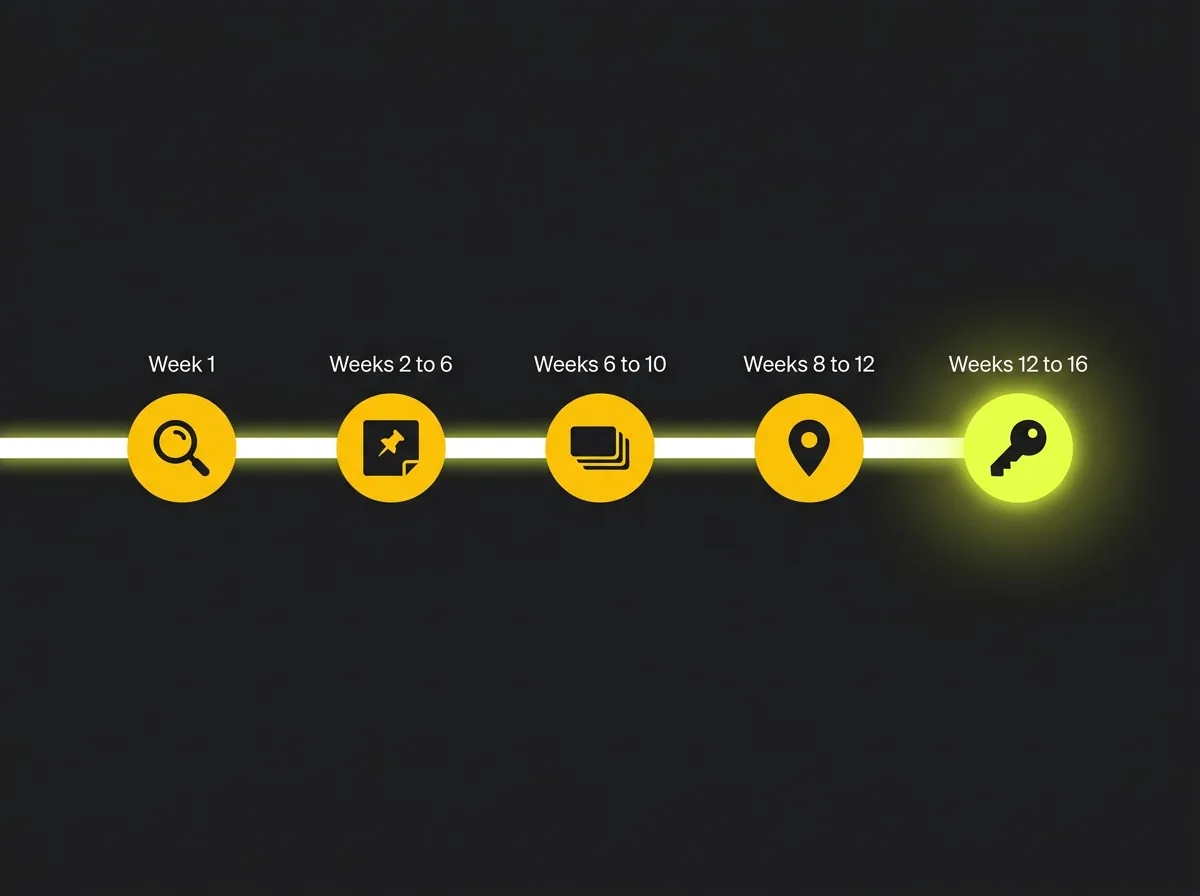 Timeline diagram of the UK kitchen buying journey from first search to showroom deposit
