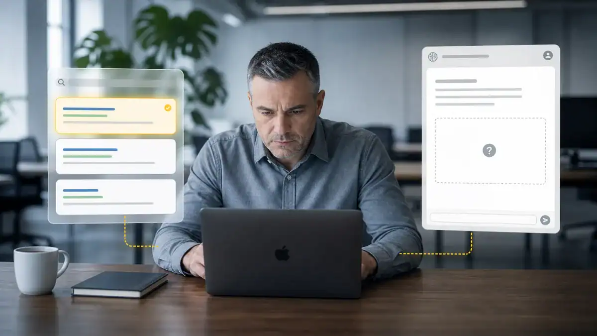 B2B professional at a desk reviewing search results on a laptop