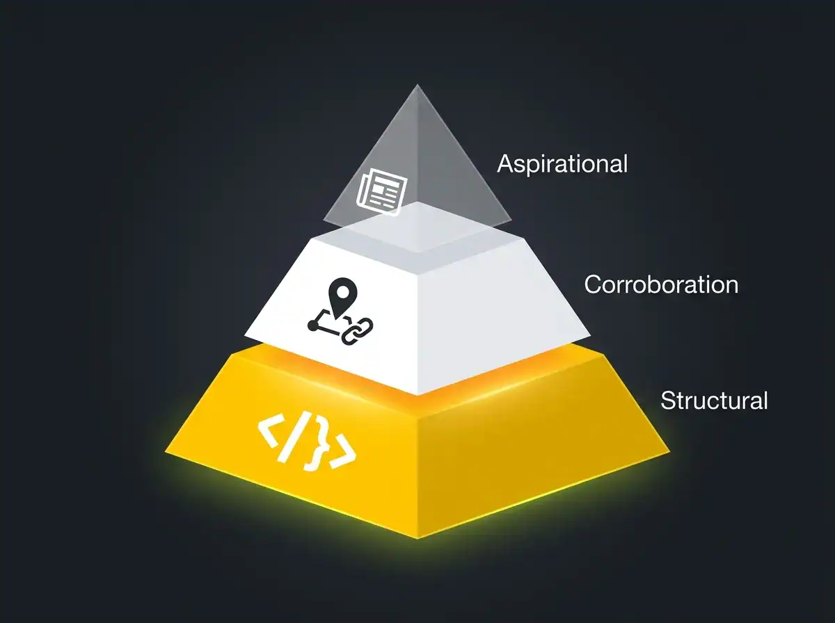 Three-tier diagram of entity signals for B2B businesses, from schema to editorial mentions