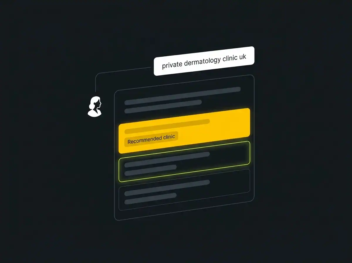 AI chat interface showing a patient researching a private clinic and receiving a cited recommendation