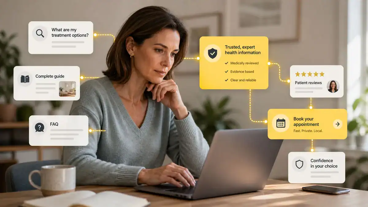 A patient researching treatment online surrounded by trusted health information, reviews, and a clear booking call to action