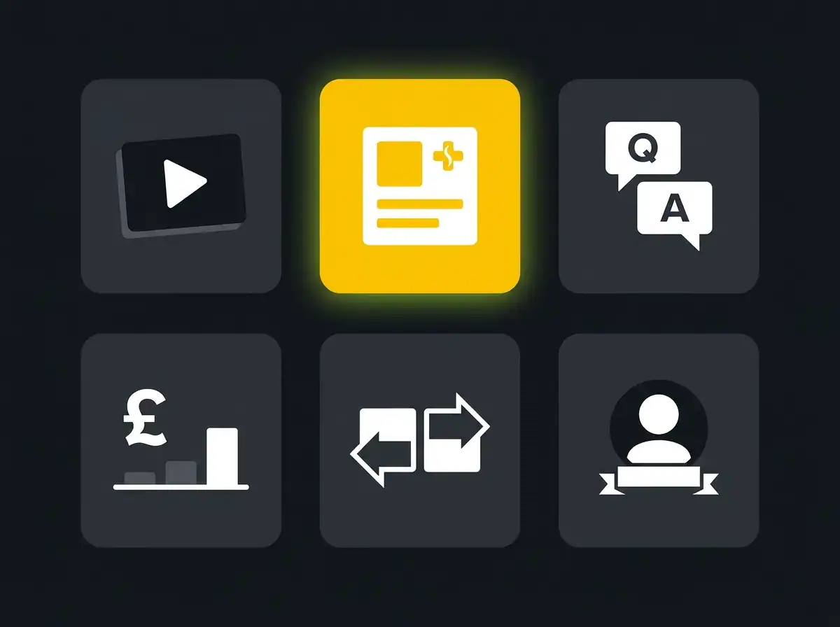 Illustrated grid of six content types used by UK private clinics for search authority