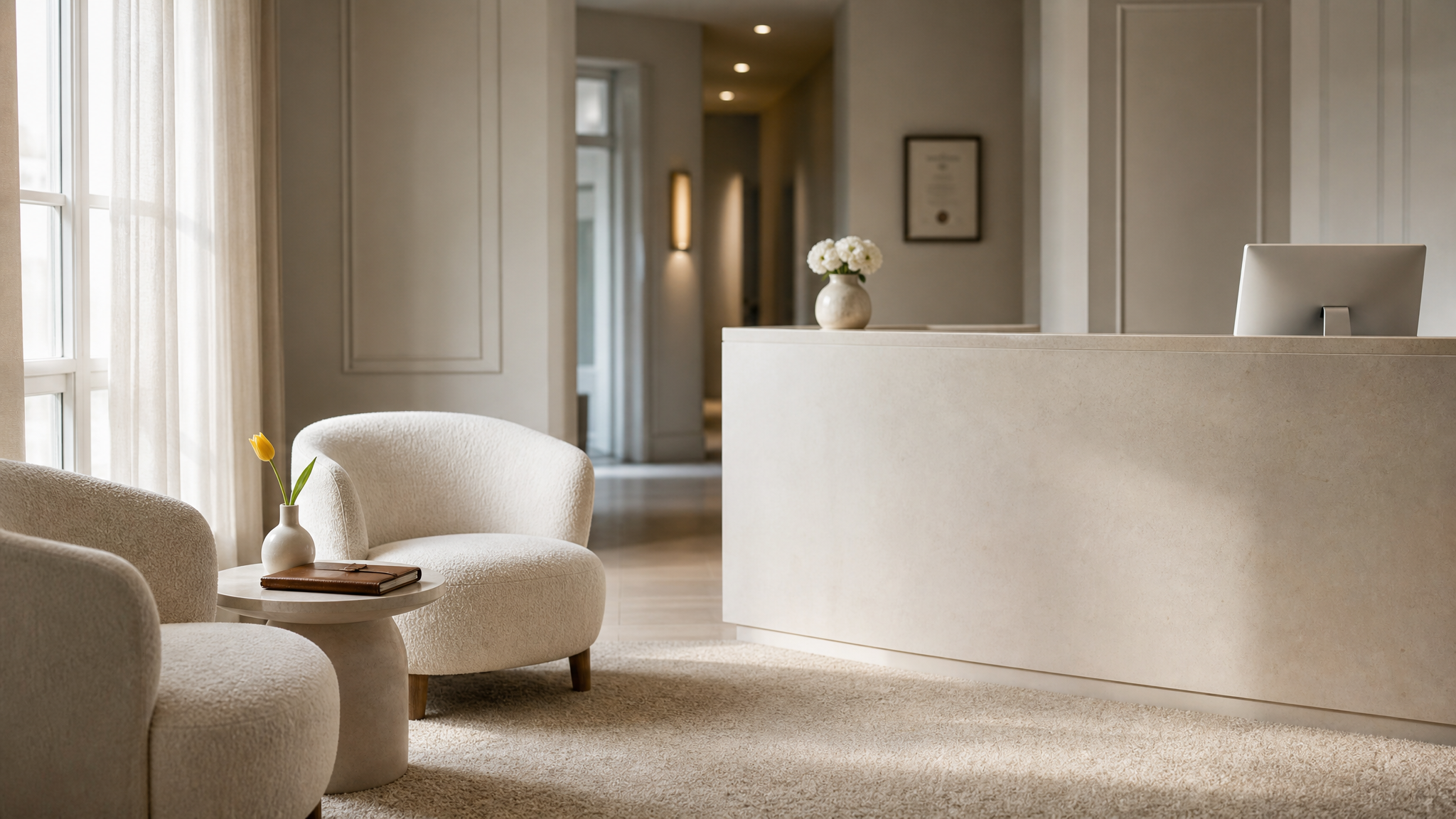 Empty UK private medical practice waiting room with cream chairs and a single yellow tulip
