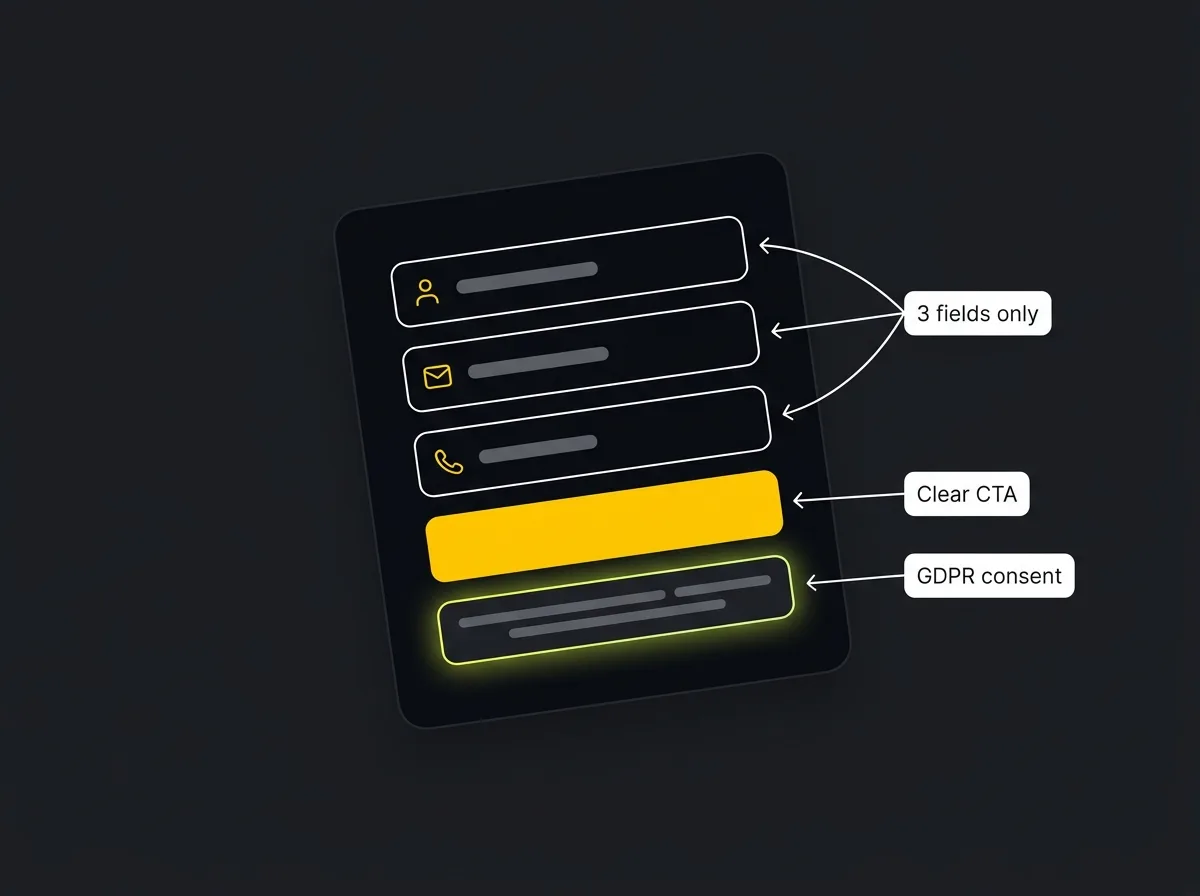 Annotated landing page form with three input fields, CTA button, and GDPR consent line highlighted