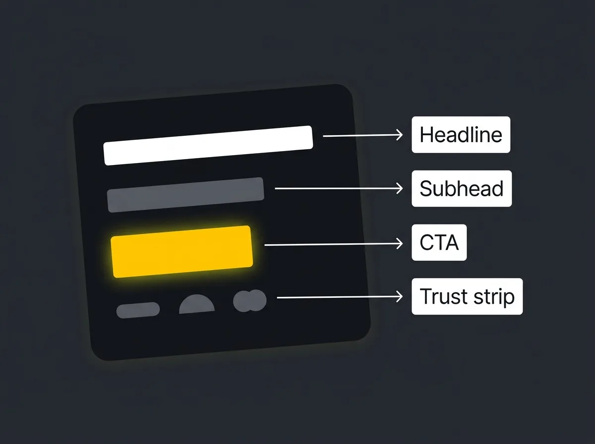 Annotated landing page hero section with labelled callouts for headline, subhead, CTA, and trust strip
