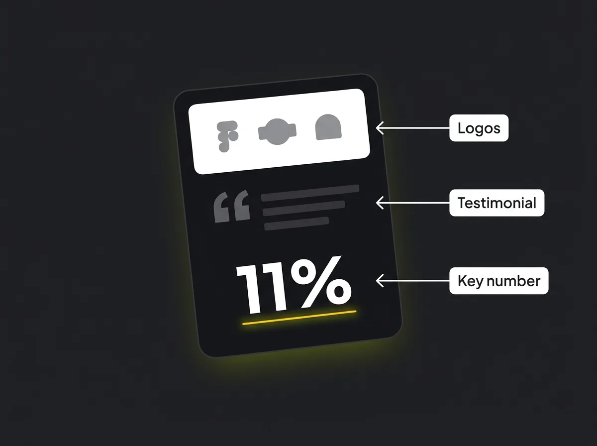 Annotated landing page social proof section with client logos row, testimonial quote, and a bold key number