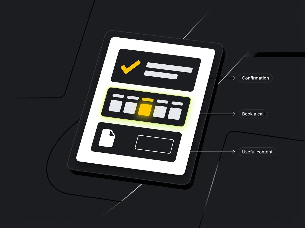Annotated thank-you page with confirmation message, inline calendar booking widget, and downloadable content offer