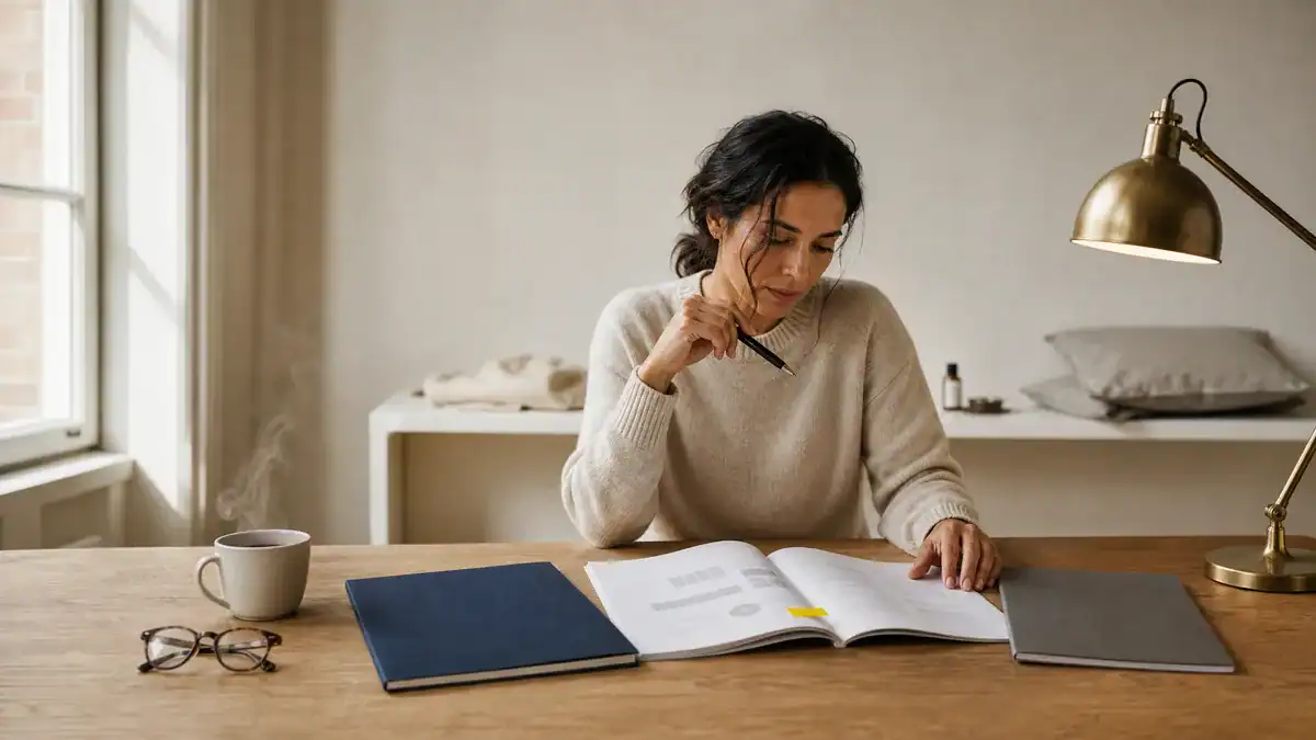 Ecommerce founder at desk reviewing competing agency proposals with a pen