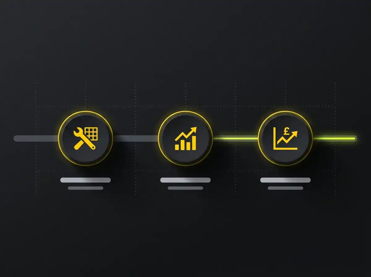 Three-step ecommerce SEO measurement timeline showing month one, three, and six milestones