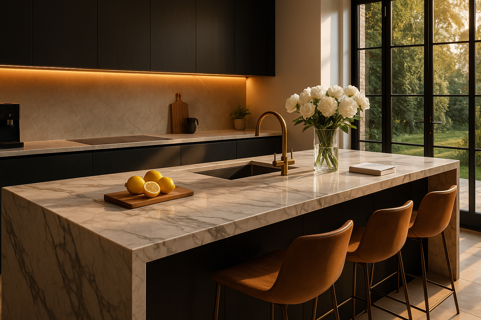 Bespoke dark graphite kitchen with marble island, brass tap, white peonies and golden afternoon light