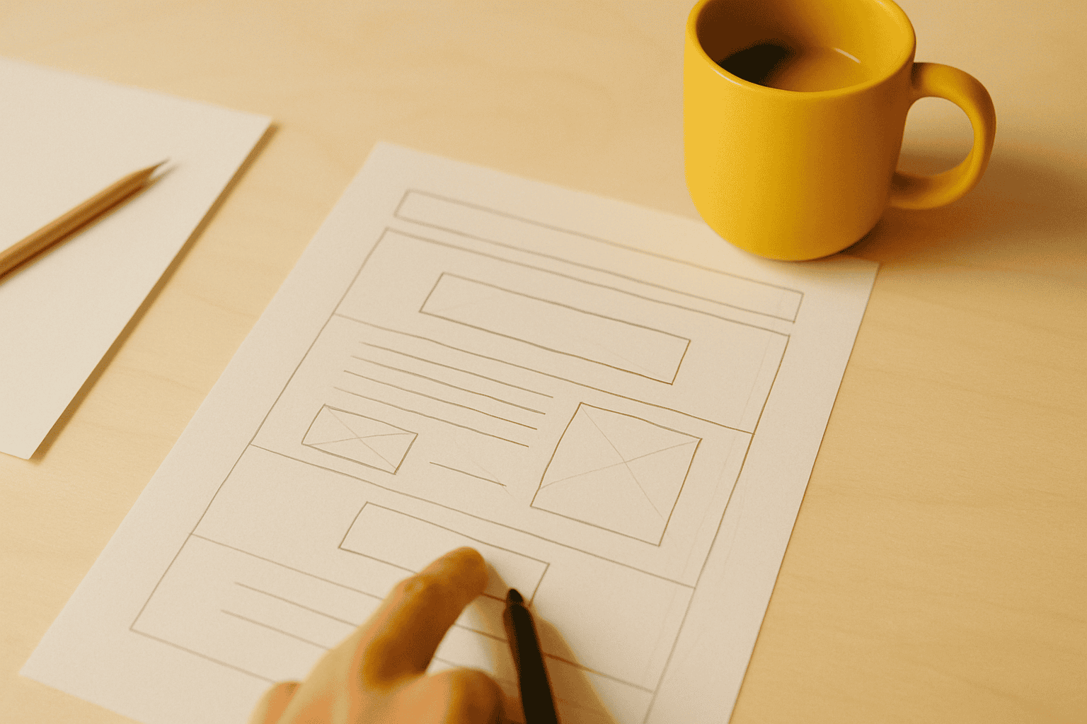 Hand pointing at a printed wireframe sketch on a desk beside a yellow ceramic coffee cup