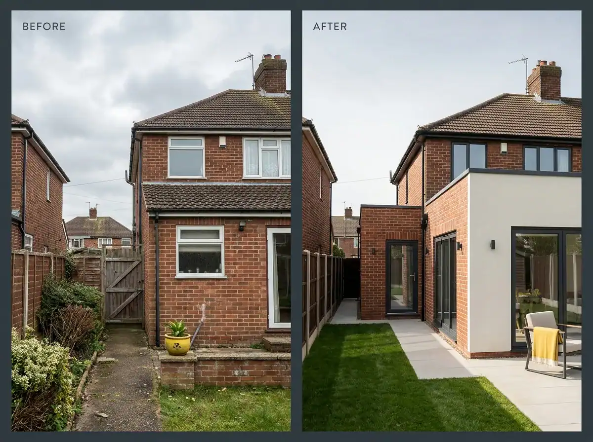 Before and after comparison of a UK home side extension project in bright daylight