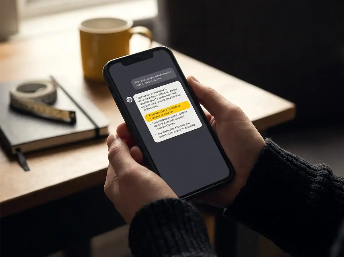 Person reading AI chatbot results for a local UK builder on a smartphone in soft indoor light
