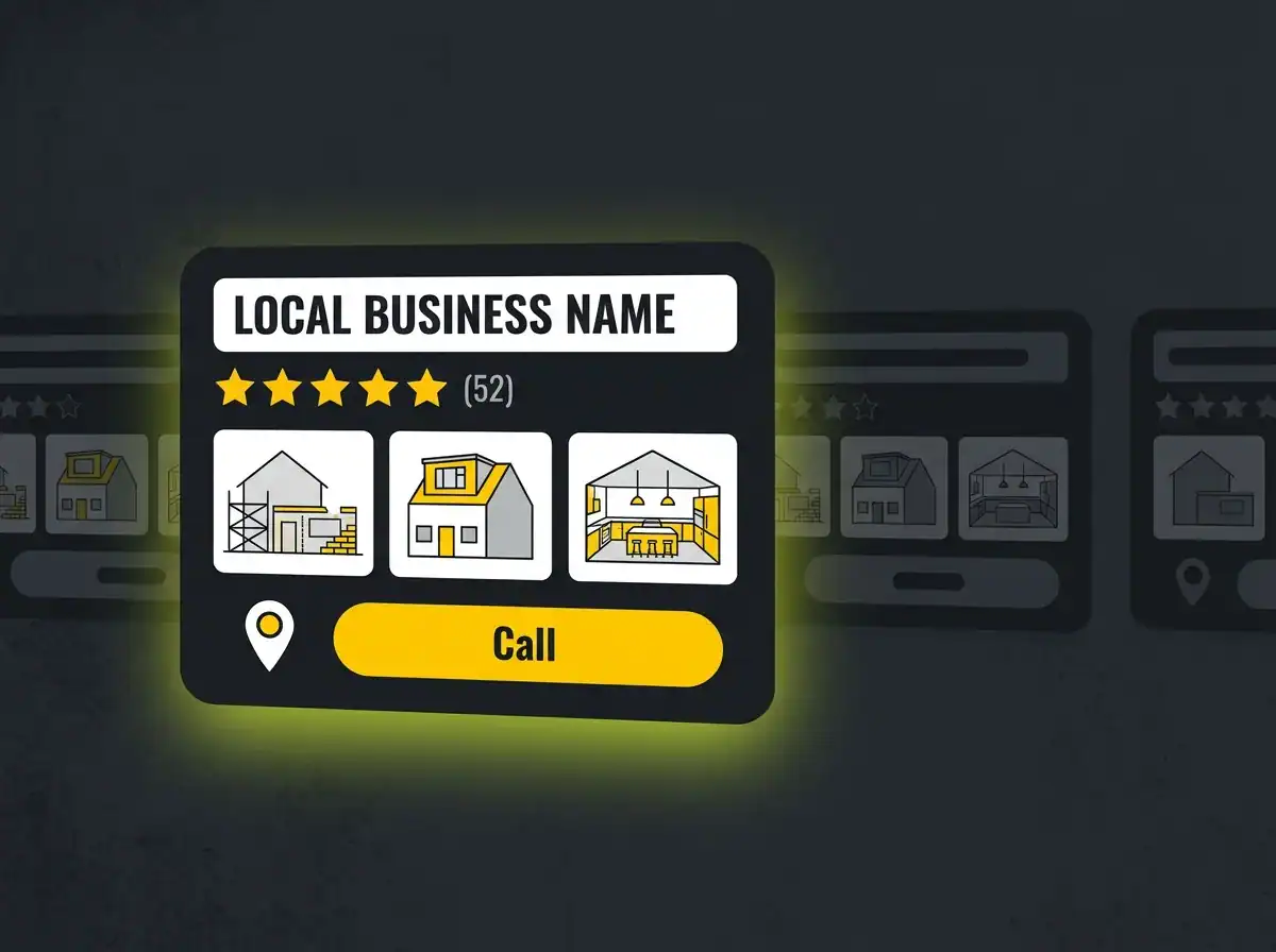 Stylised Google Business Profile listing for a local UK builder with project photos and five-star reviews
