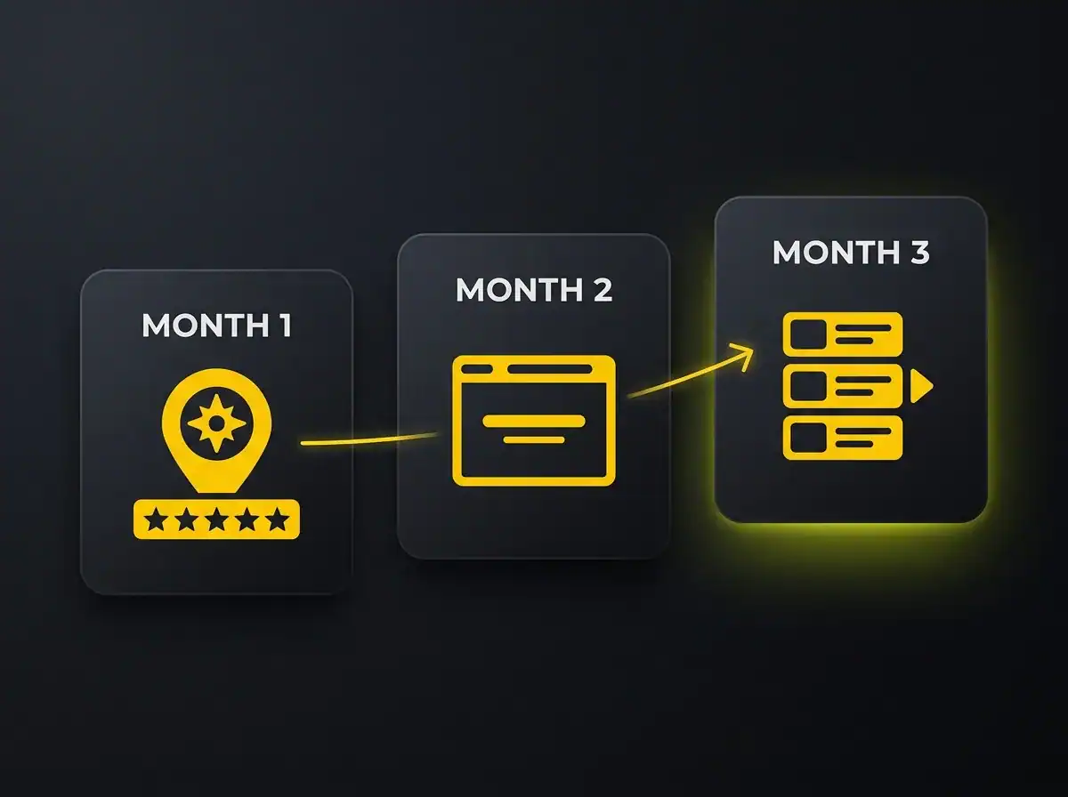 Three-phase 90-day marketing plan illustration for builders showing Month 1, 2 and 3