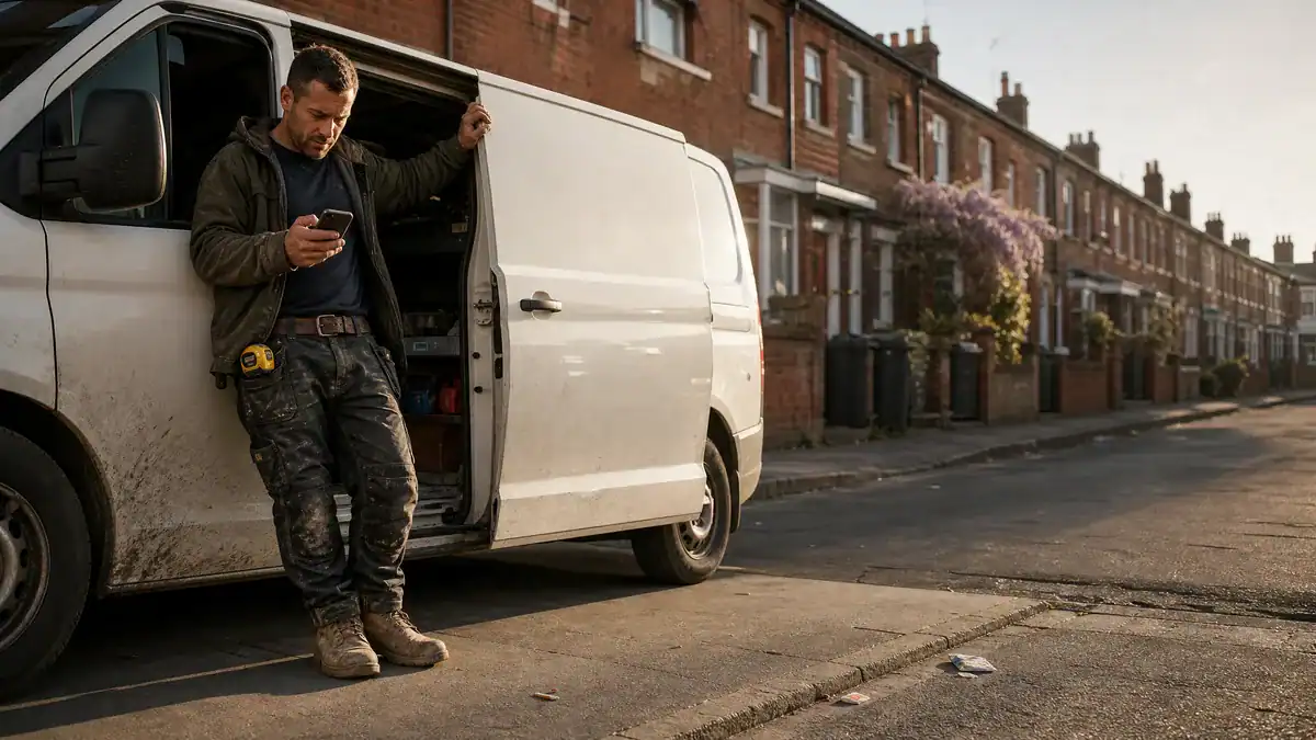 UK builder checking phone beside a white transit van on a residential street