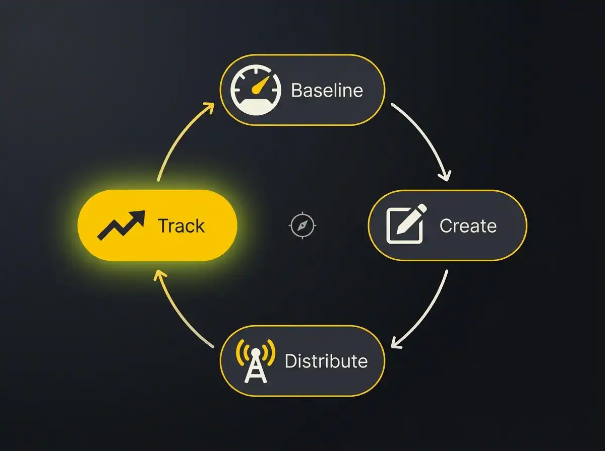 Circular four-step diagram showing the baseline, create, distribute and track loop