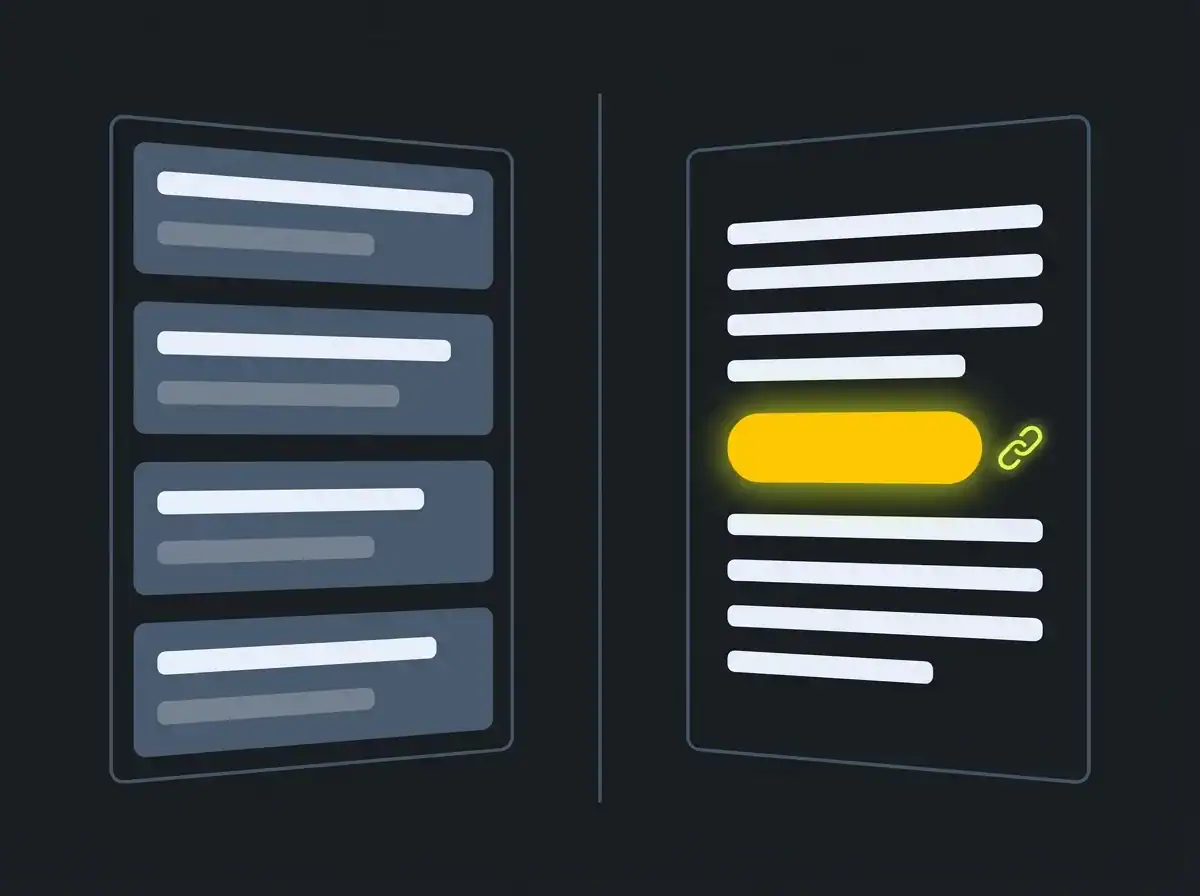 Split illustration comparing a ranked list of search results with an AI answer paragraph