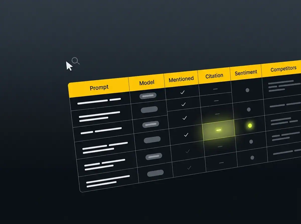 Stylised tracking spreadsheet with columns for prompt, model, mention, citation, sentiment and competitors