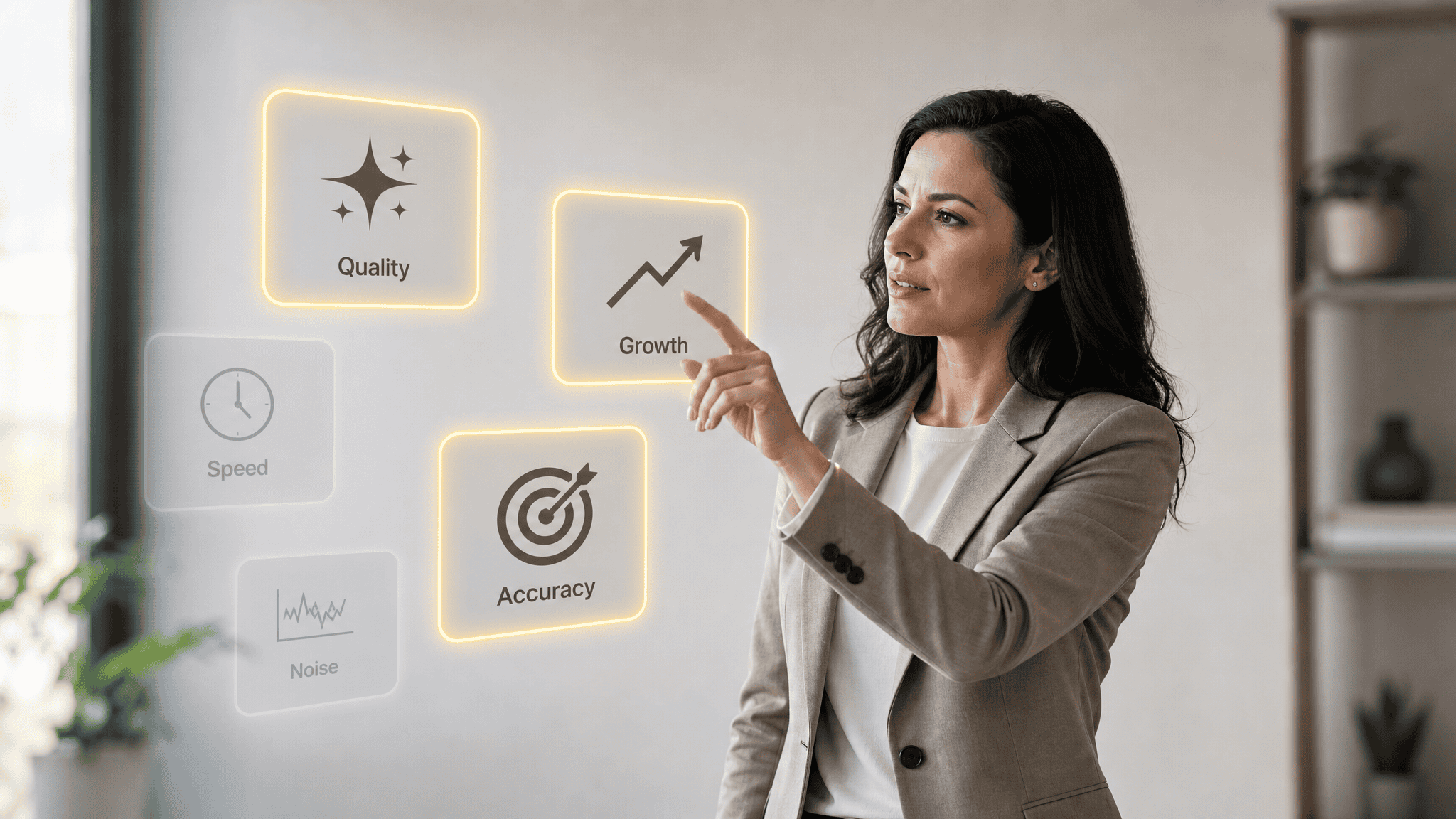 Woman standing and gesturing at floating metric cards, three highlighted in yellow representing the metrics that matter