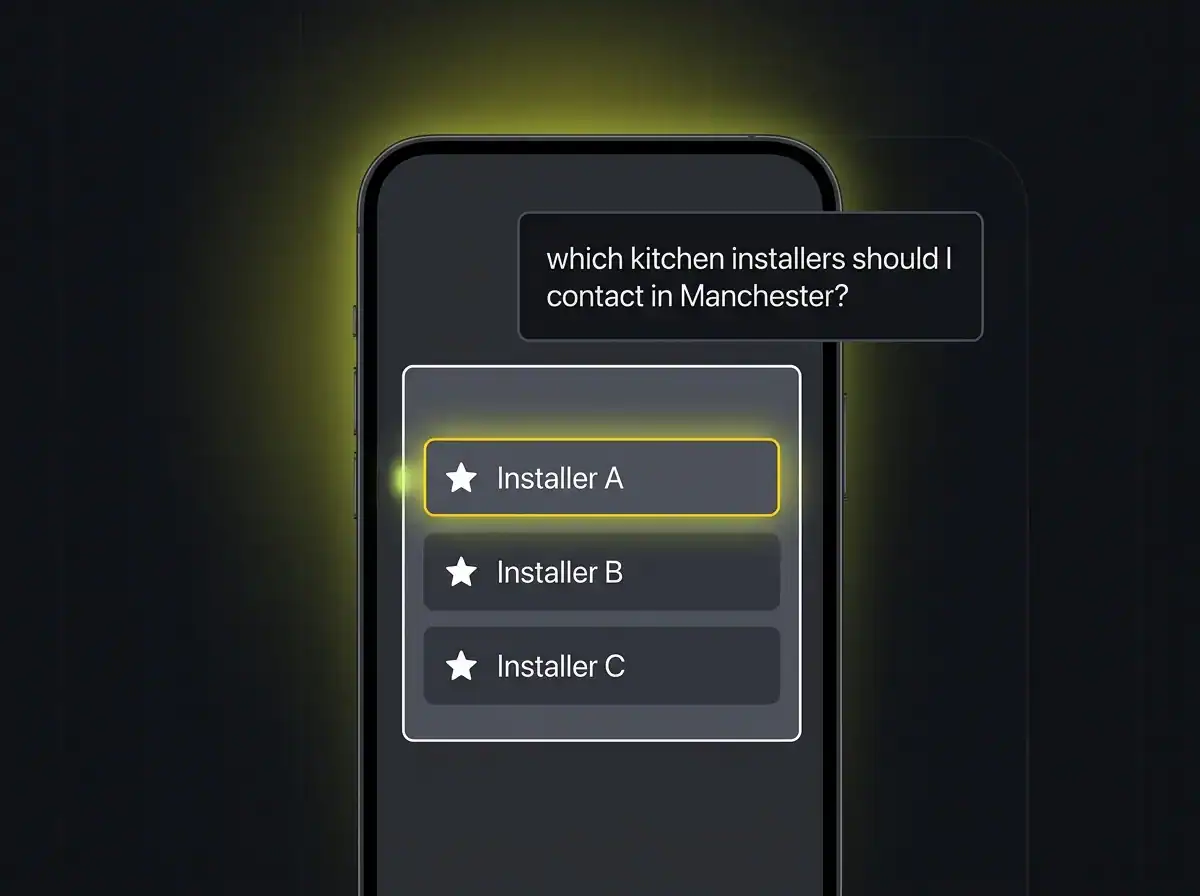 Chat interface showing a homeowner asking an AI tool to recommend kitchen installers