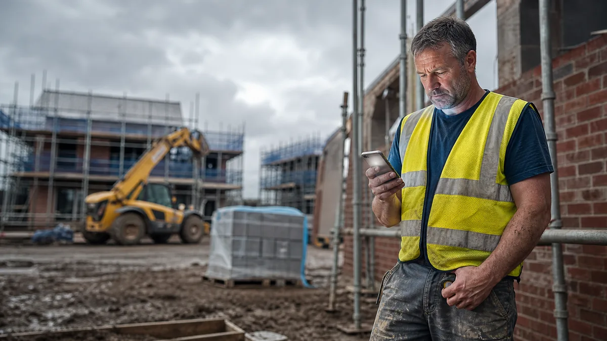 UK builder in hi-vis vest checking his phone on a construction site