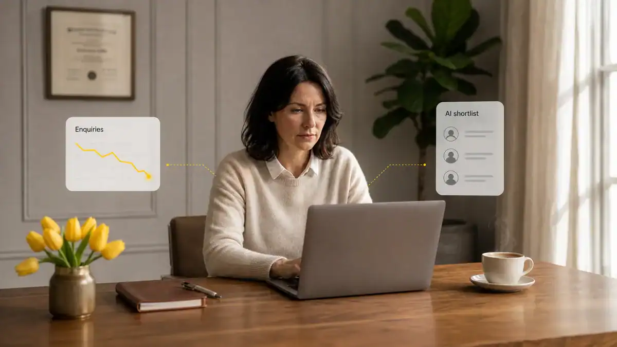 Private clinic owner reviewing analytics on a laptop in a UK consulting room