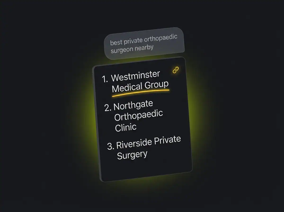 Stylised AI chat interface showing clinic name recommendations for a healthcare query