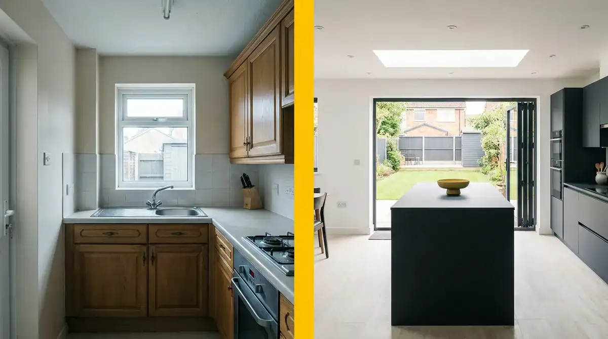 Before and after of a domestic kitchen extension project