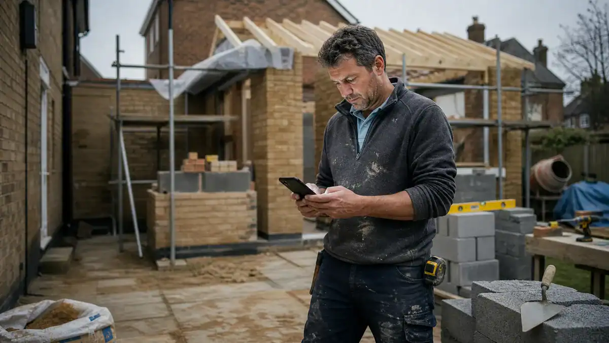 Builder on a residential extension site looking at their phone