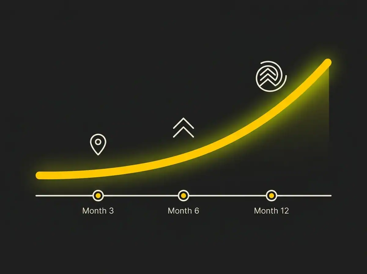 SEO timeline for UK trade businesses showing milestones at months 3, 6 and 12