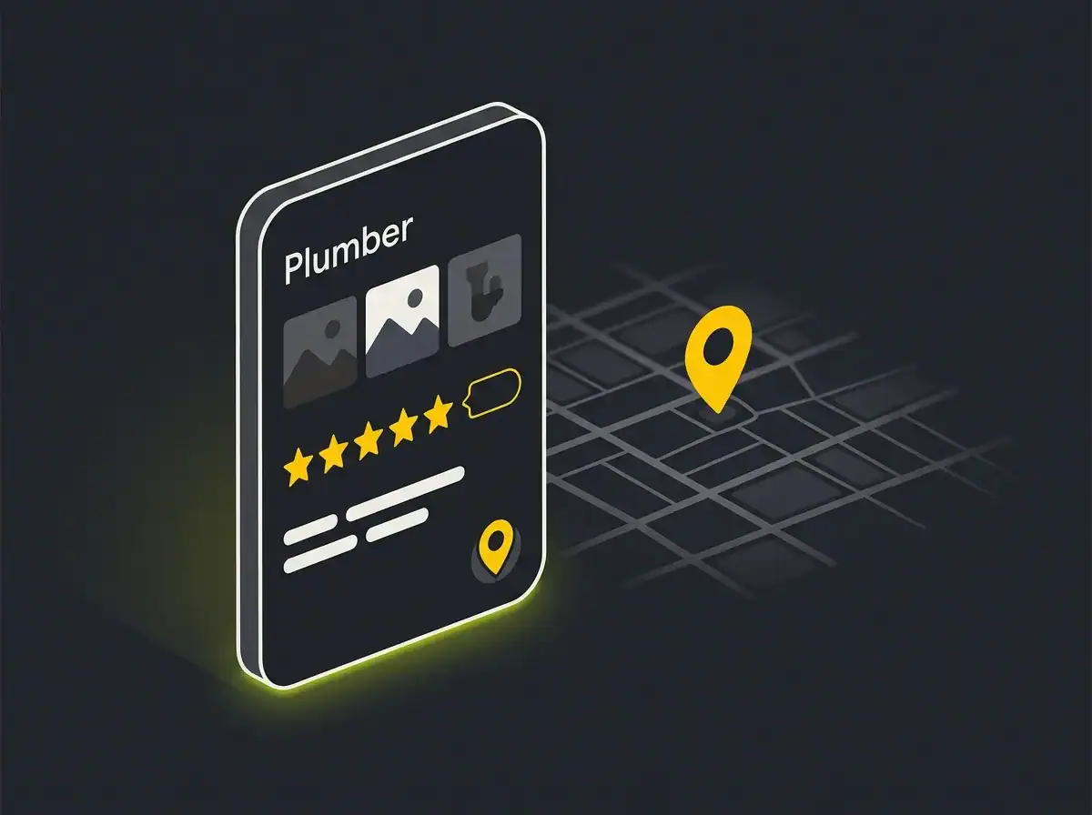 Stylised Google Business Profile card for a UK plumbing firm in the local map pack