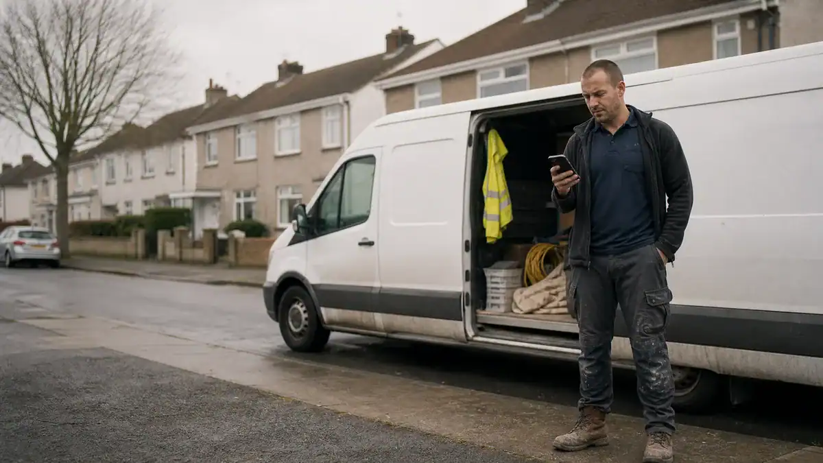 UK trade business owner in work clothes checking a phone outside a white van