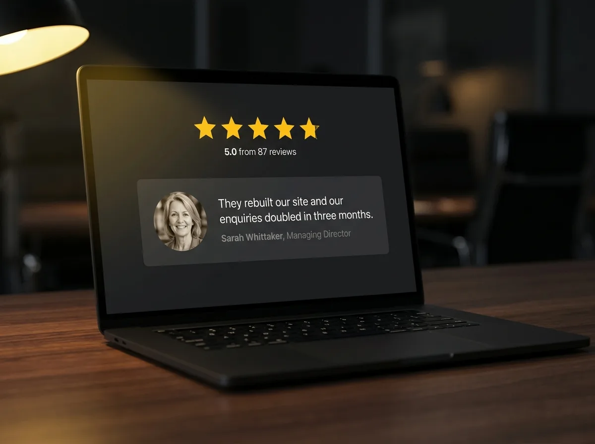 Close-up of a laptop showing a star rating and a named client testimonial with a real photograph
