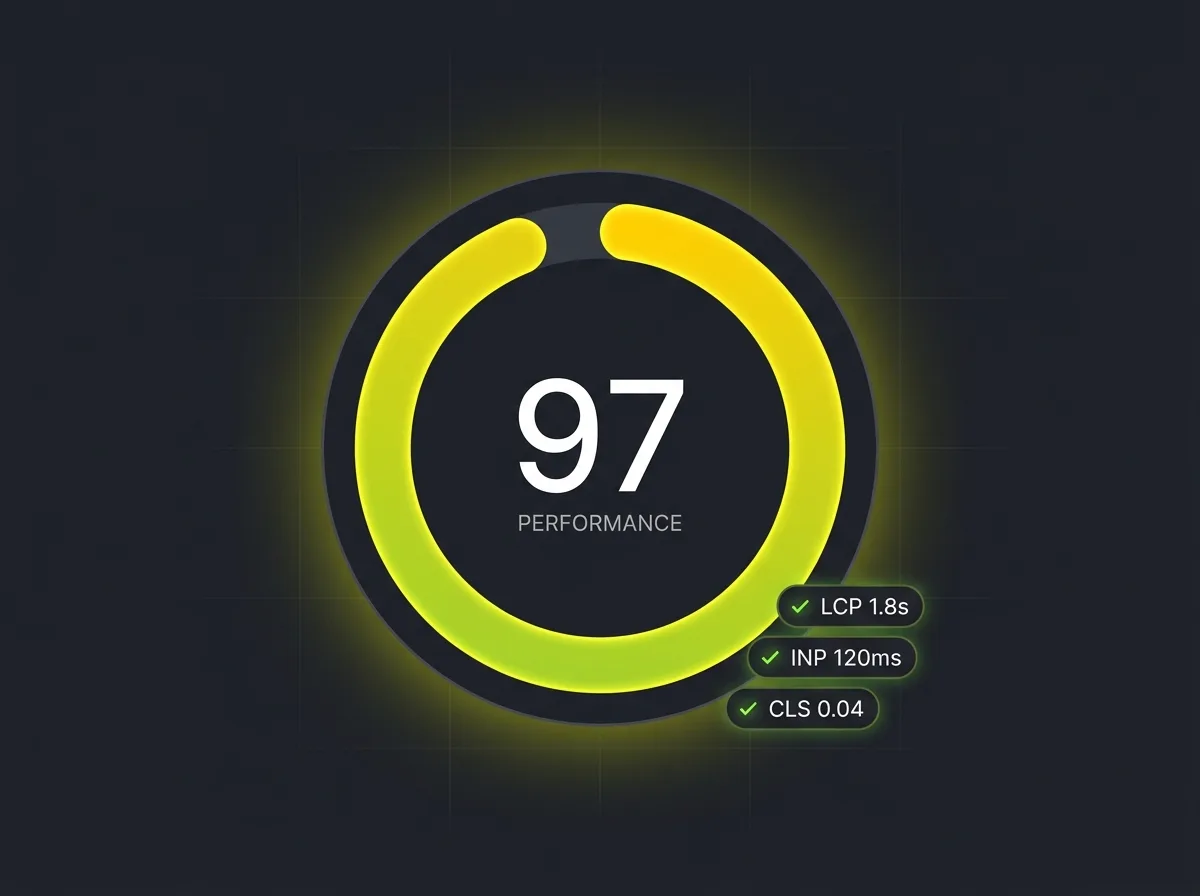Stylised performance score dial in the green zone showing a fast page load result