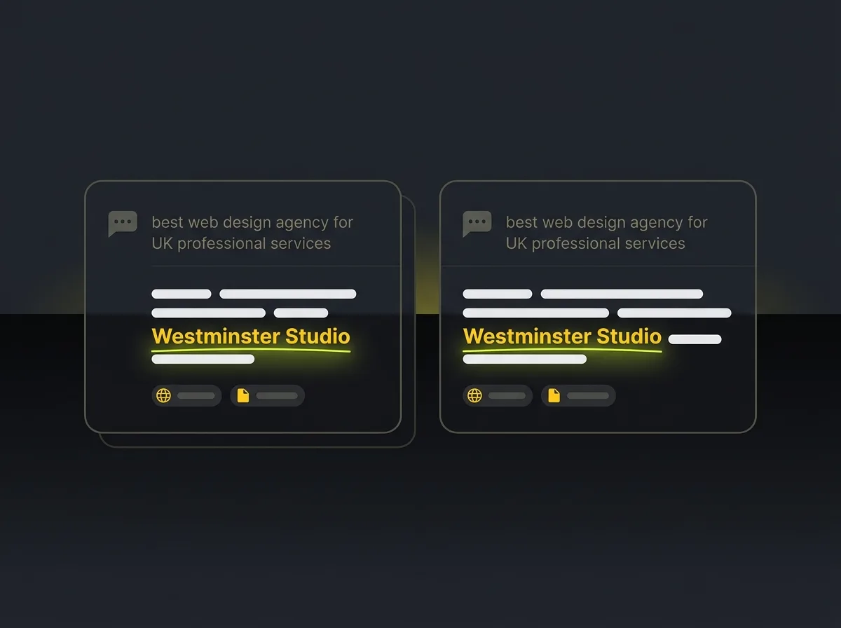 Two stylised AI answer cards side by side recommending the same UK business in response to a user prompt